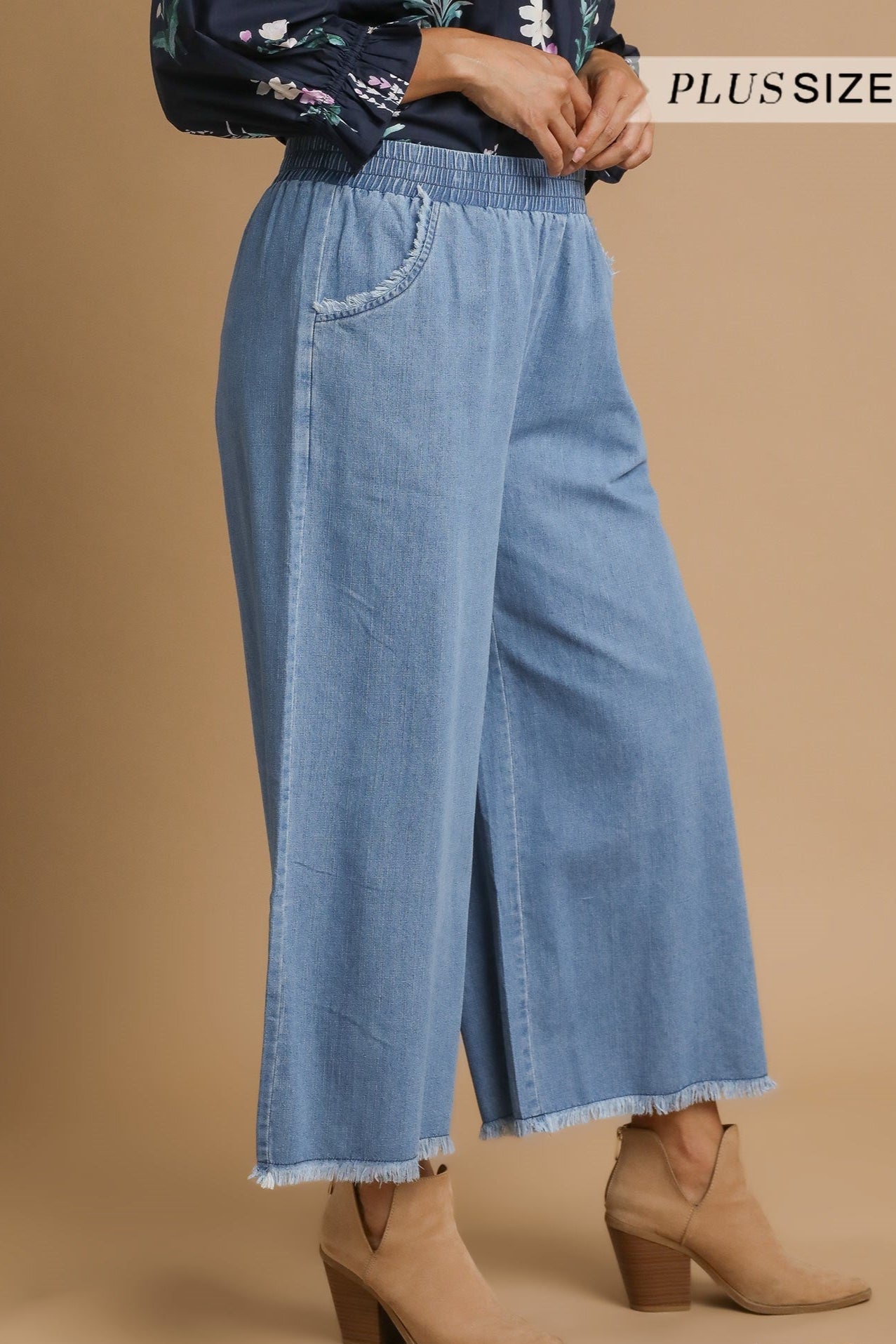 Washed Denim Fringe Pants