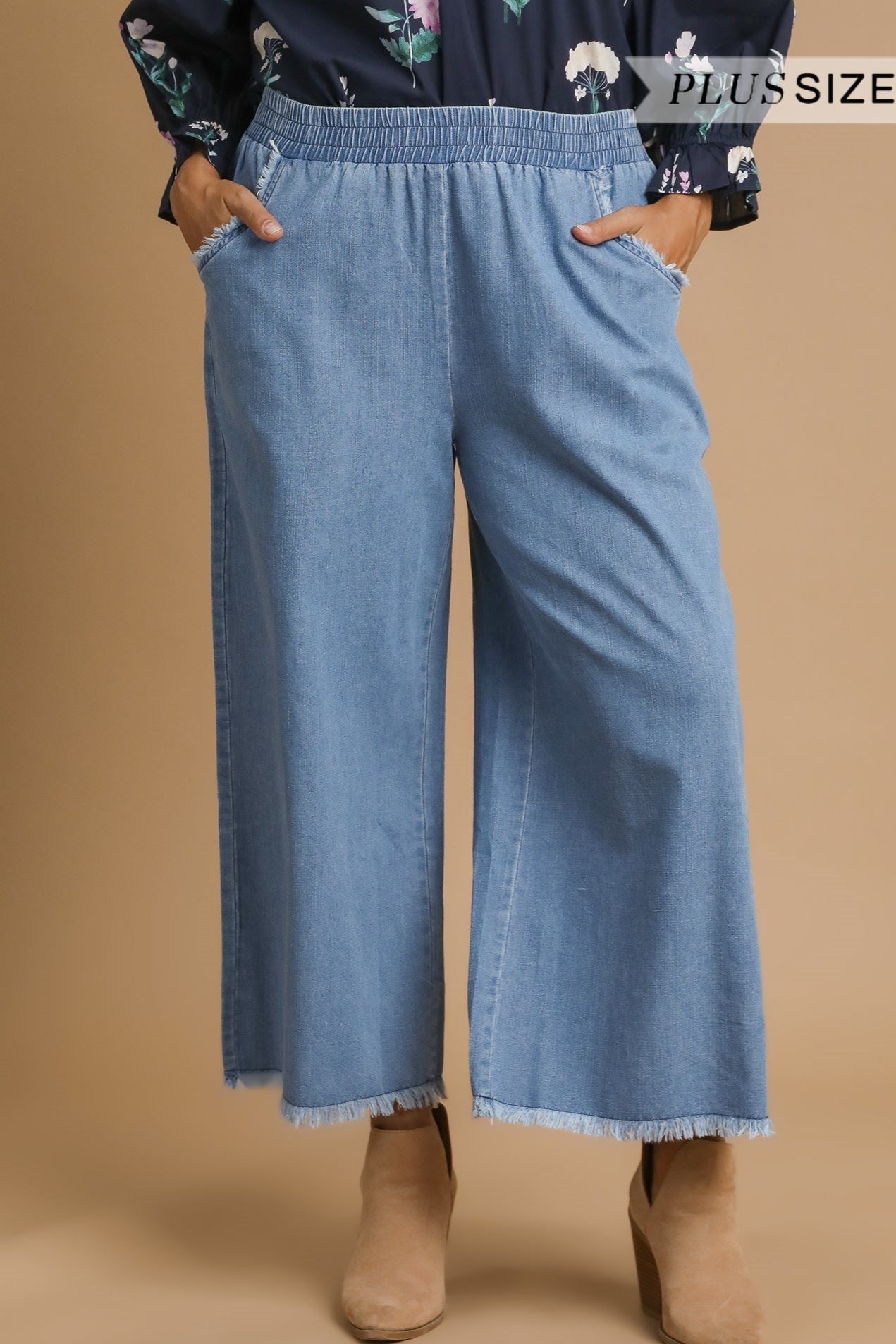 Washed Denim Fringe Pants