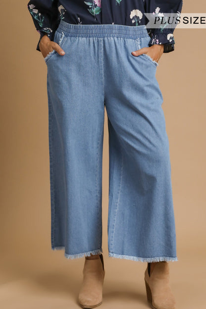 Washed Denim Fringe Pants