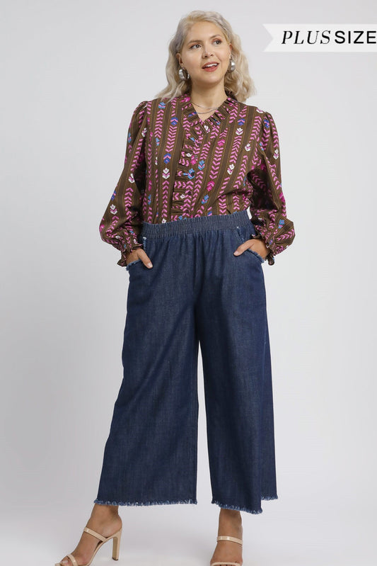 Washed Denim Fringe Pants
