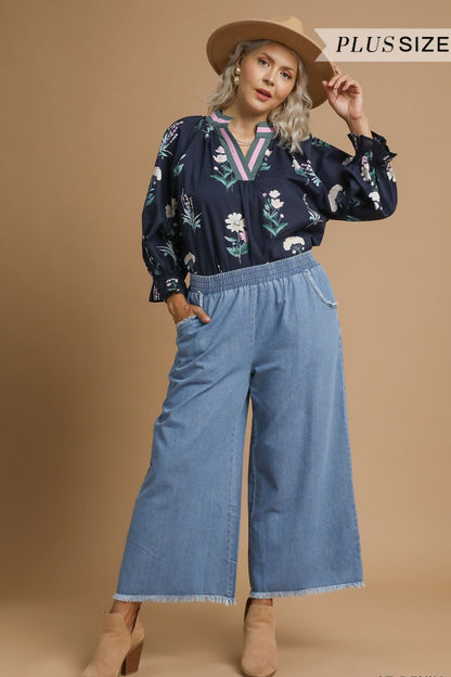 Washed Denim Fringe Pants