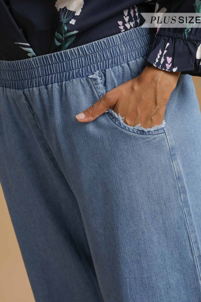 Washed Denim Fringe Pants