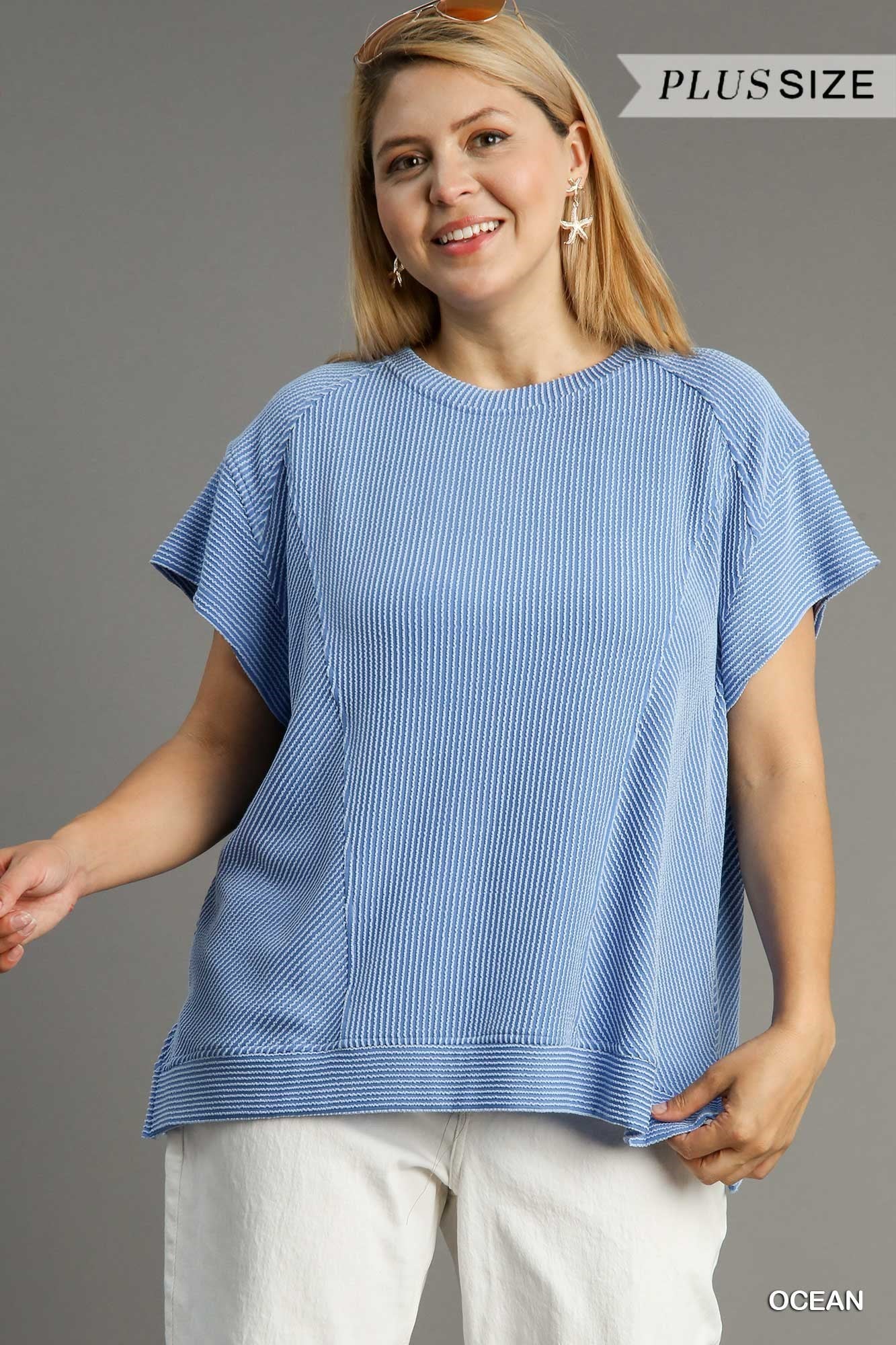 Textured Knit Fabric Boxy Cut Top with Seam Details