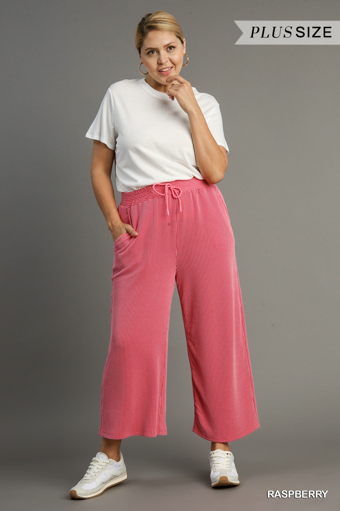 Textured Knit Straight Fit Pants with Elastic Front Tie & Pockets