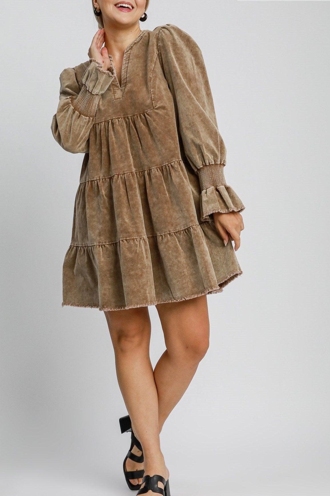 Stone Washed Corduroy Tiered Dress