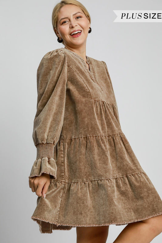 Stone Washed Corduroy Tiered Dress