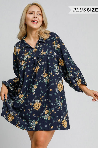 Floral Corduroy Collared Midi Dress