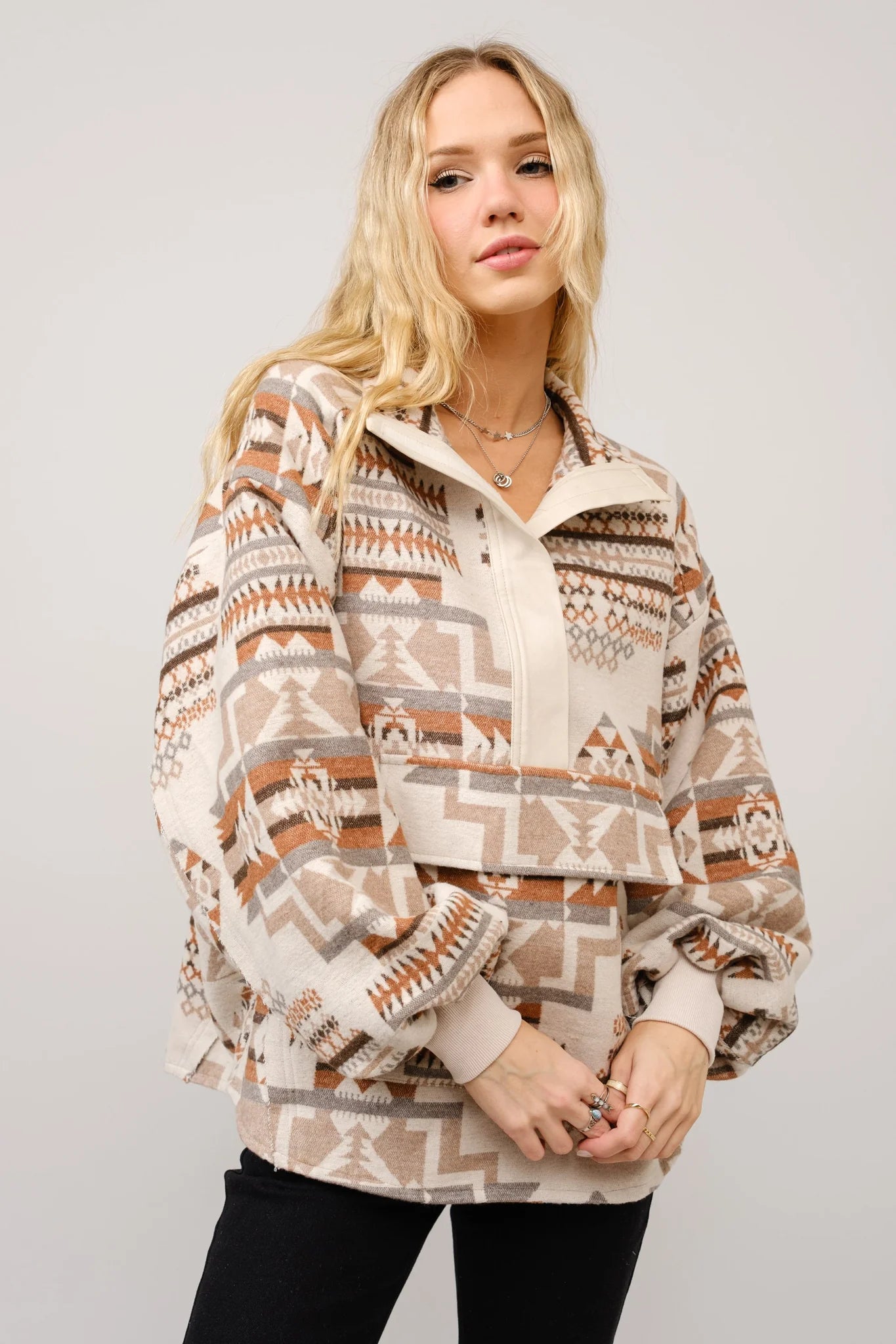 Aztec Jacquard Mock Neck Pullover