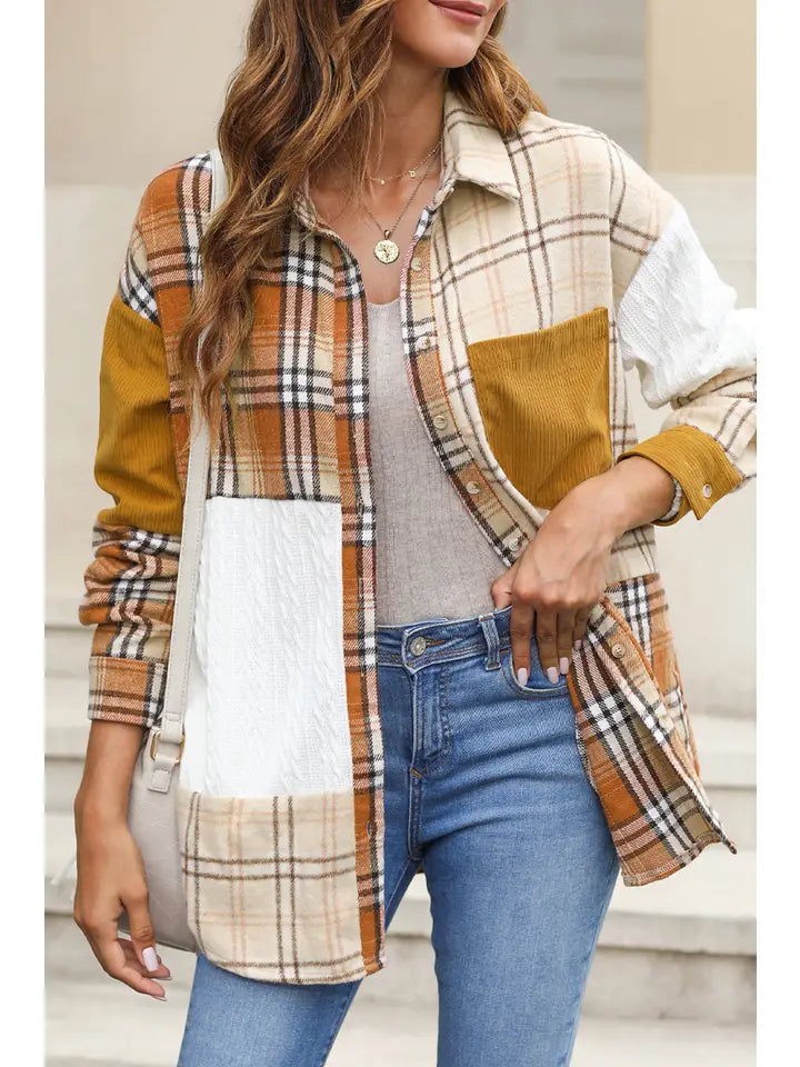 Color Block Patchwork Shirt Jacket with Pocket