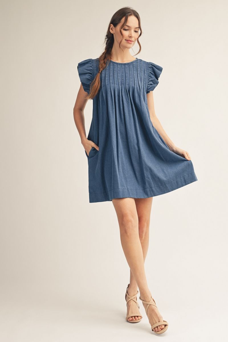 Ruffle Sleeve Washed Denim Dress
