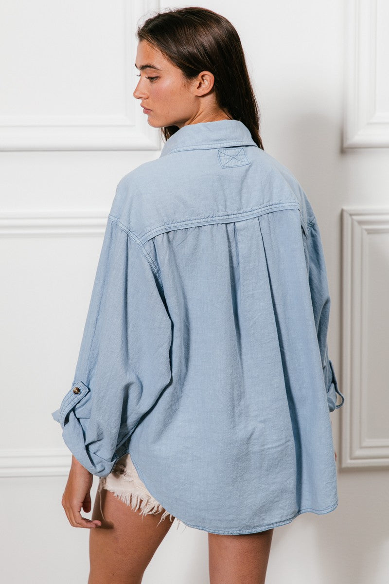 Linen Blend Double Pocket Button Top