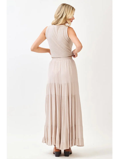 Tiered Flowy Elastic Waist Lined Maxi Skirt