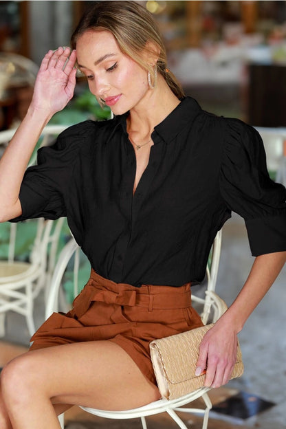 Collared Neckline Puff Short Sleeve Blouse