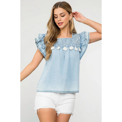 Embroidered Ruffle Sleeve Top