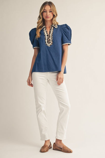 Leopard Trim Denim Top