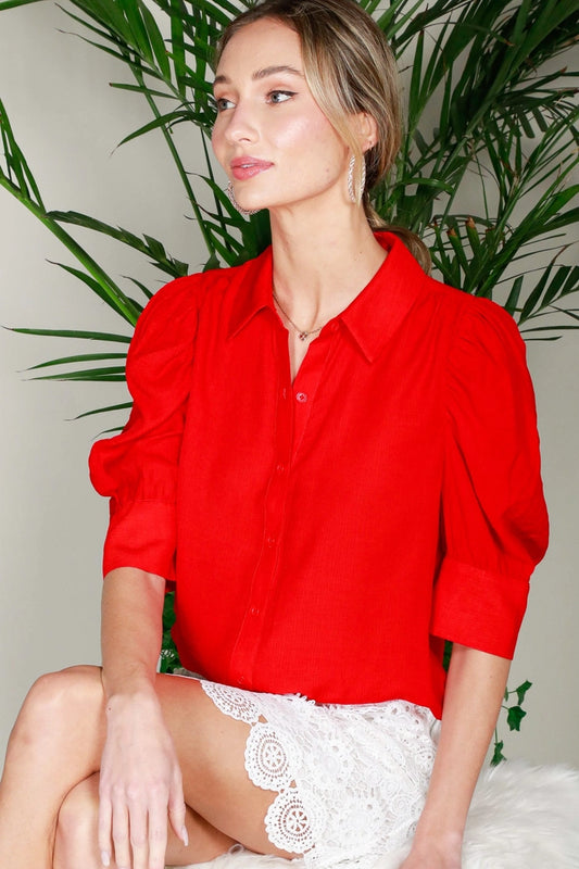 Collared Neckline Puff Short Sleeve Blouse