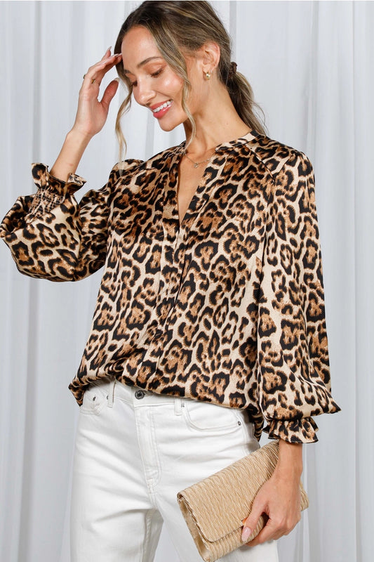 Henley Neckline Smocking Detail Leopard Print Blouse