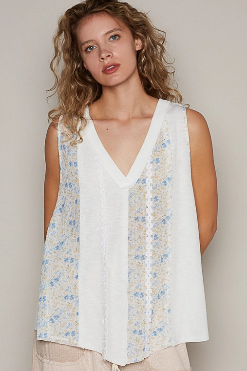 Oversized V-Neck Sleeveless Lace Trim Top