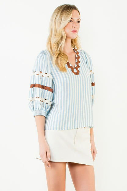 Puff Sleeve Striped V-neck Top
