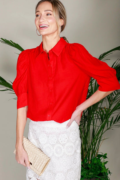 Collared Neckline Puff Short Sleeve Blouse