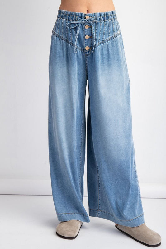 Pintuck Elastic Waisted Palazzo Denim Pants