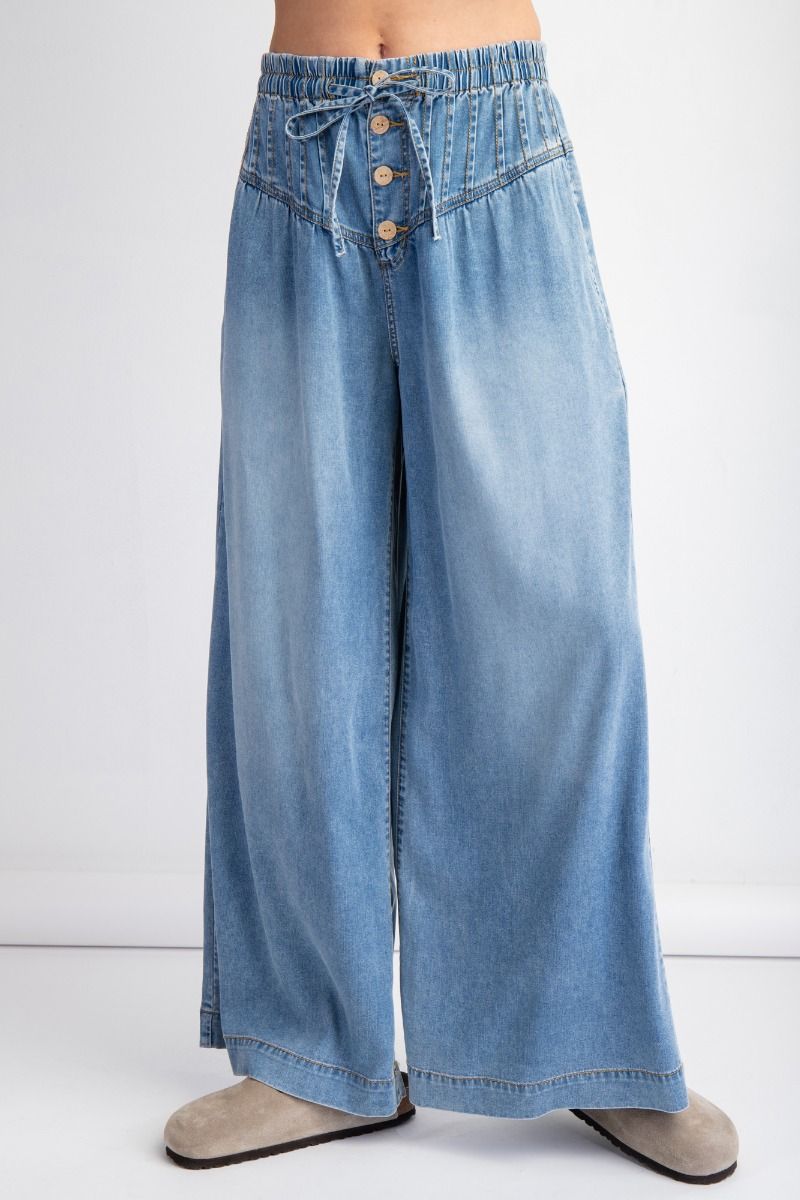 Pintuck Elastic Waisted Palazzo Denim Pants