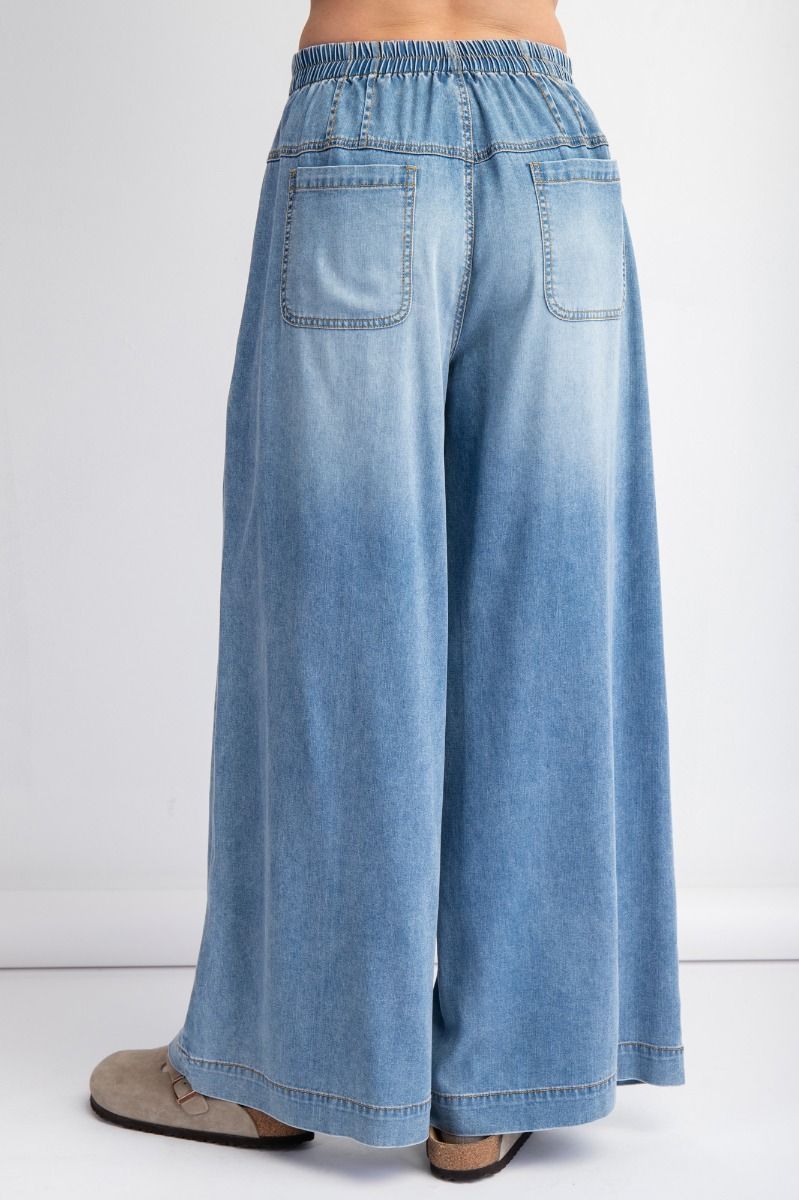 Pintuck Elastic Waisted Palazzo Denim Pants