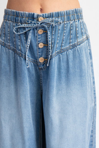 Pintuck Elastic Waisted Palazzo Denim Pants