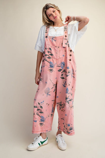 Flower Printed Denim Overalls