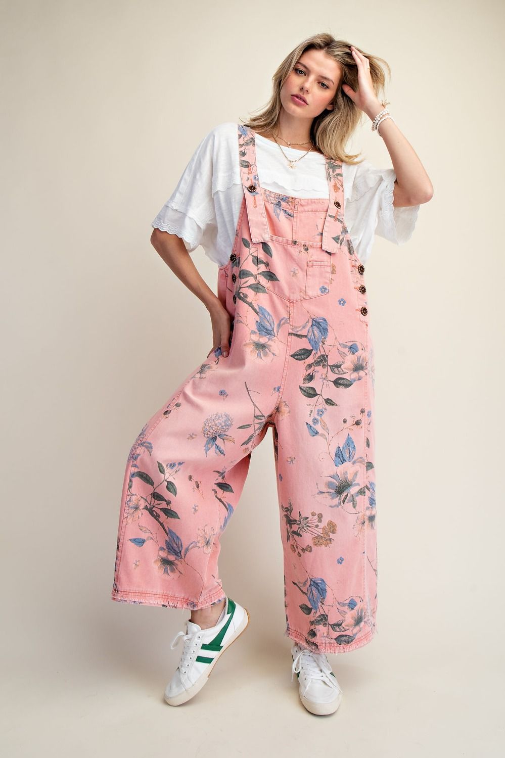 Flower Printed Denim Overalls