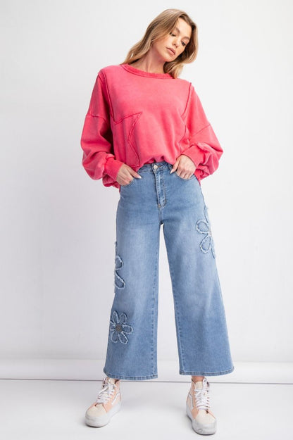 Flower Patch Washed Denim Pants