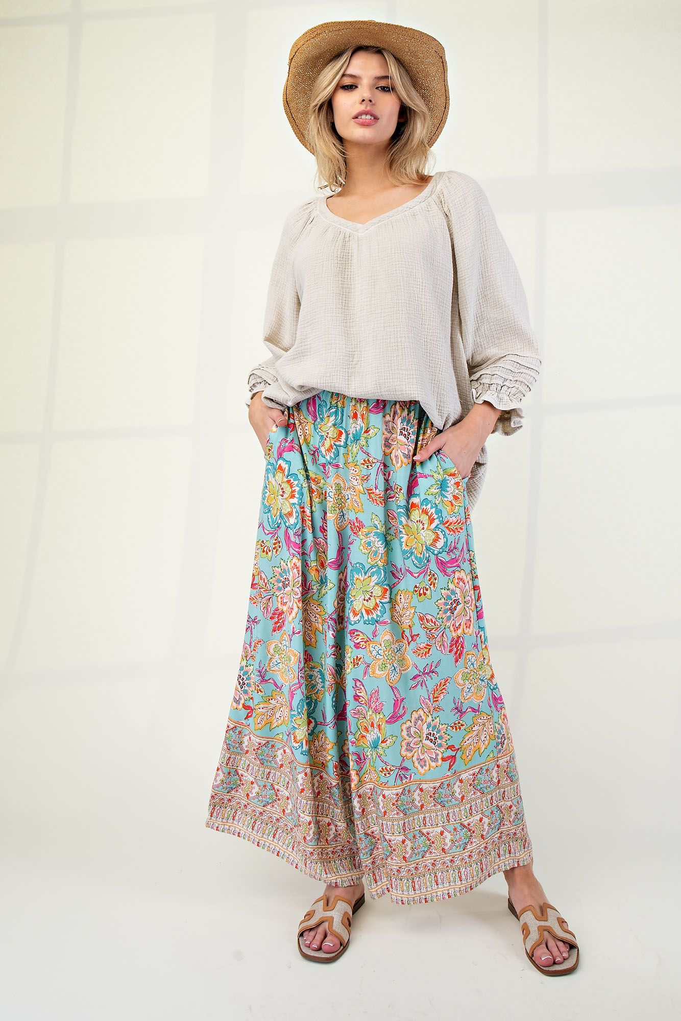 Border Print Ankle Challis Pants