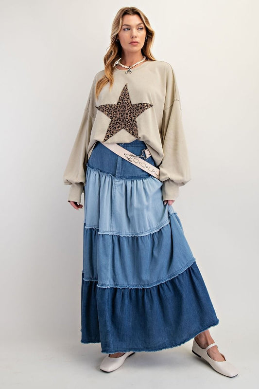Tiered Denim Maxi Skirt