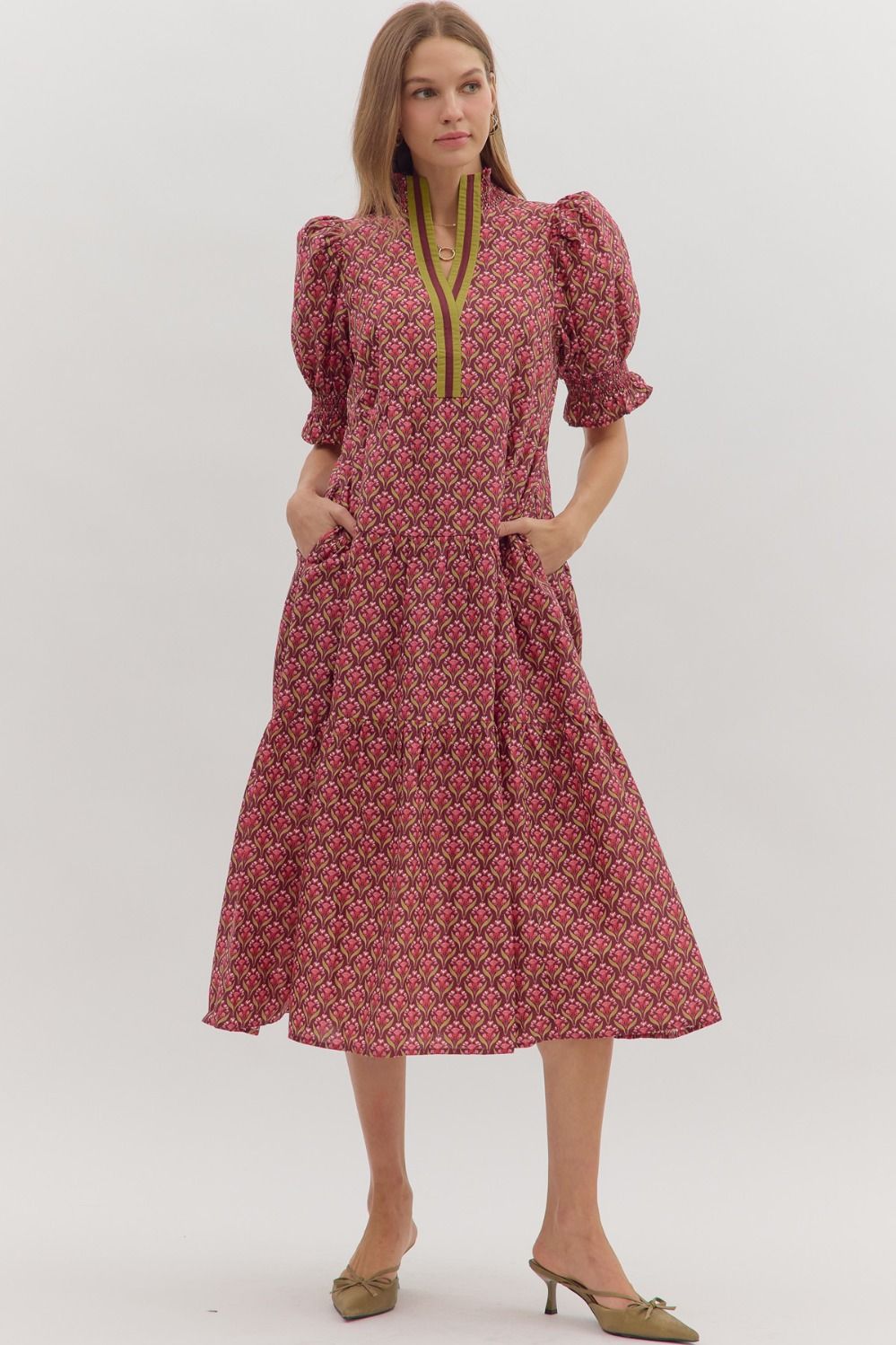 Botanical Puff Sleeve Midi Dress