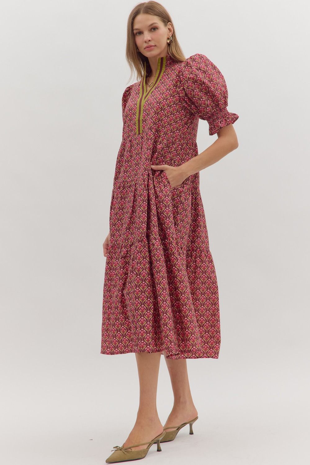 Botanical Puff Sleeve Midi Dress