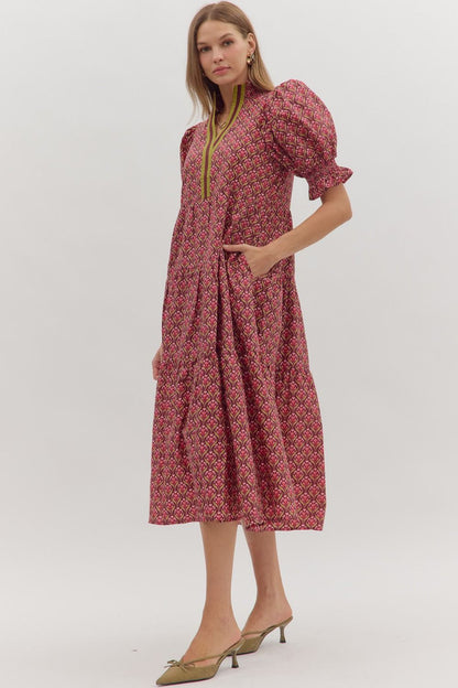 Botanical Puff Sleeve Midi Dress