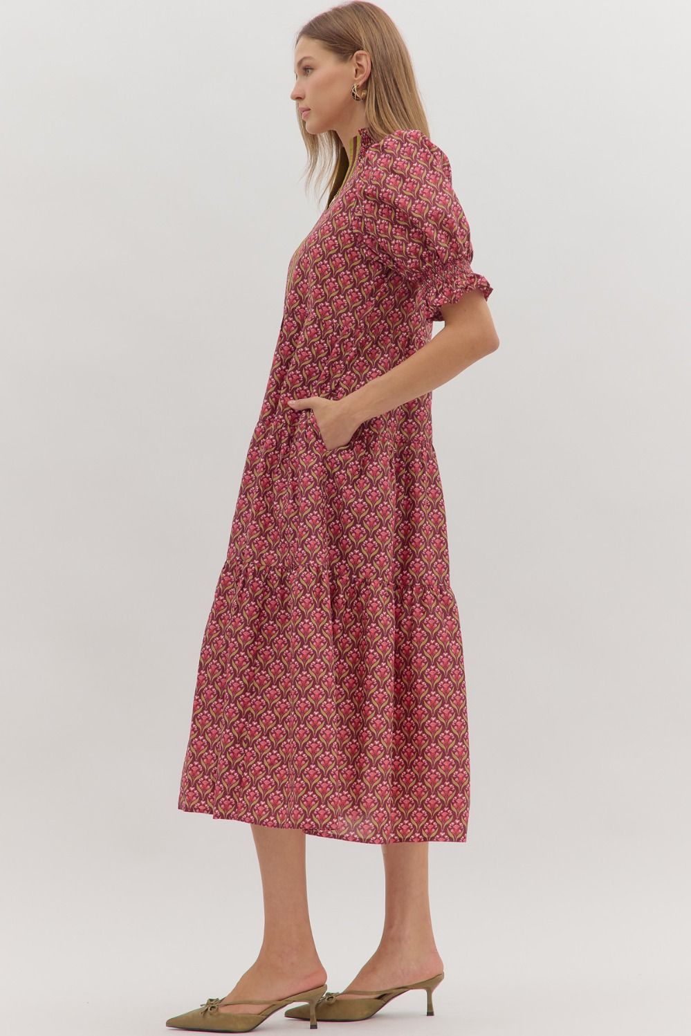 Botanical Puff Sleeve Midi Dress