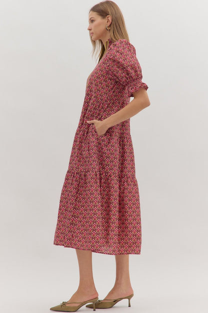 Botanical Puff Sleeve Midi Dress