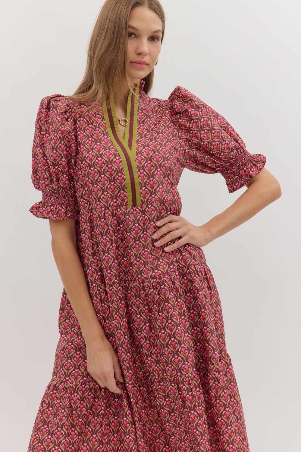 Botanical Puff Sleeve Midi Dress