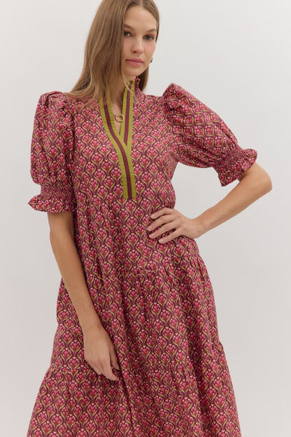 Botanical Puff Sleeve Midi Dress