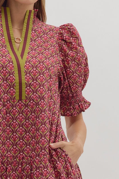 Botanical Puff Sleeve Midi Dress
