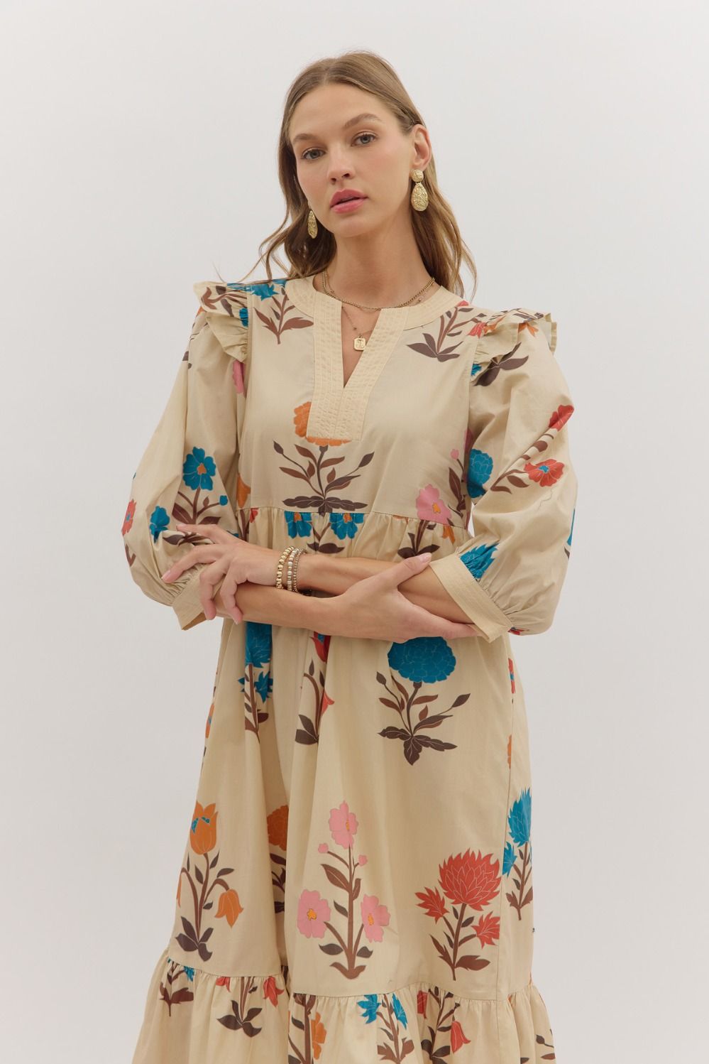 Flower Print Midi Ruffle Dress