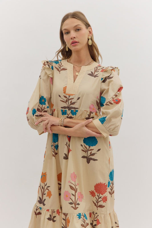 Flower Print Midi Ruffle Dress