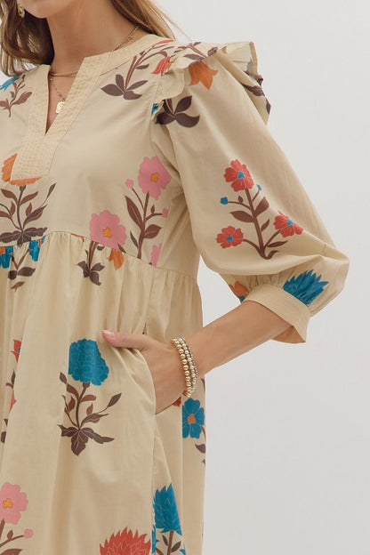 Flower Print Midi Ruffle Dress