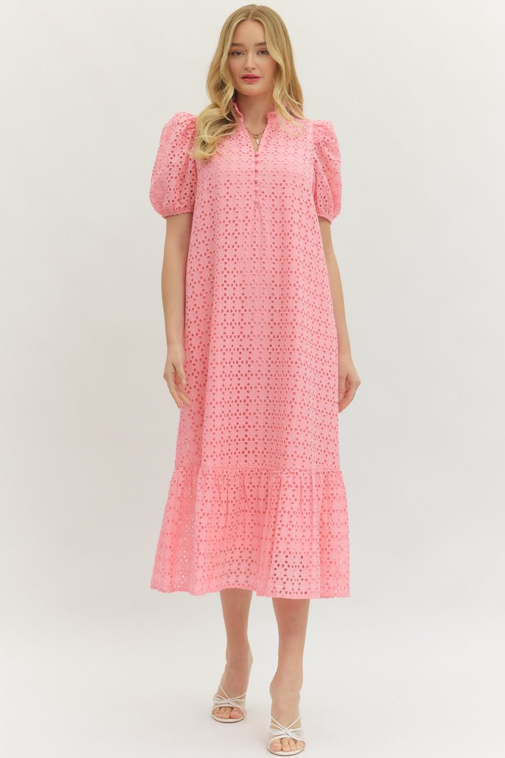 Eyelet Mock Neck Midi Dress