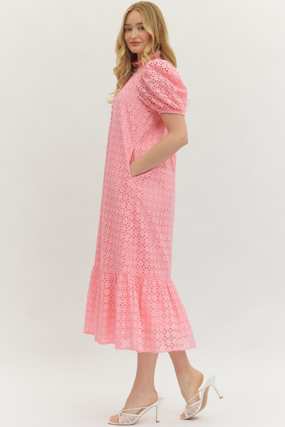 Eyelet Mock Neck Midi Dress