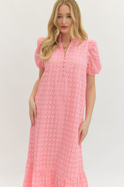 Eyelet Mock Neck Midi Dress
