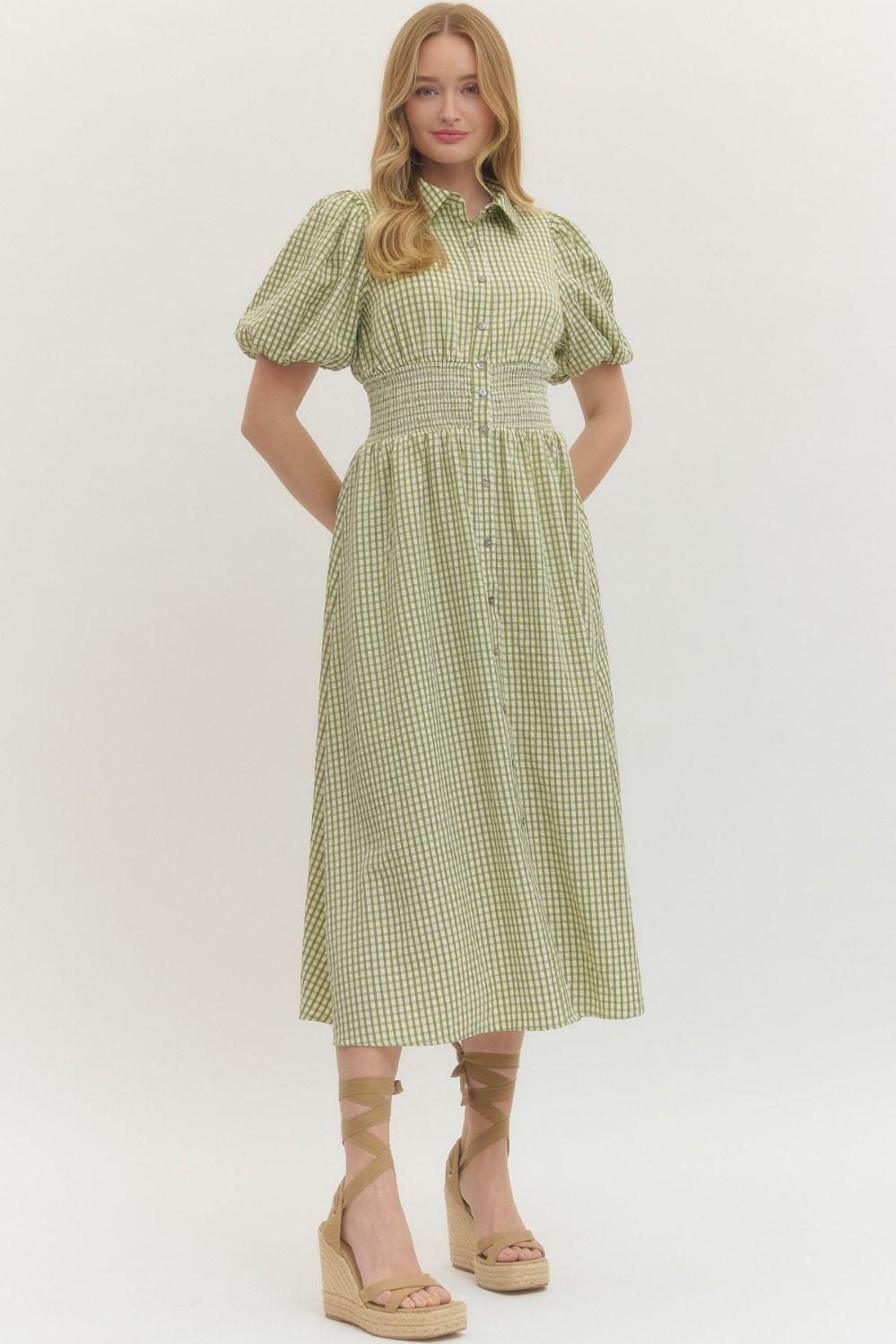 Gingham Puff Sleeve Midi Dress