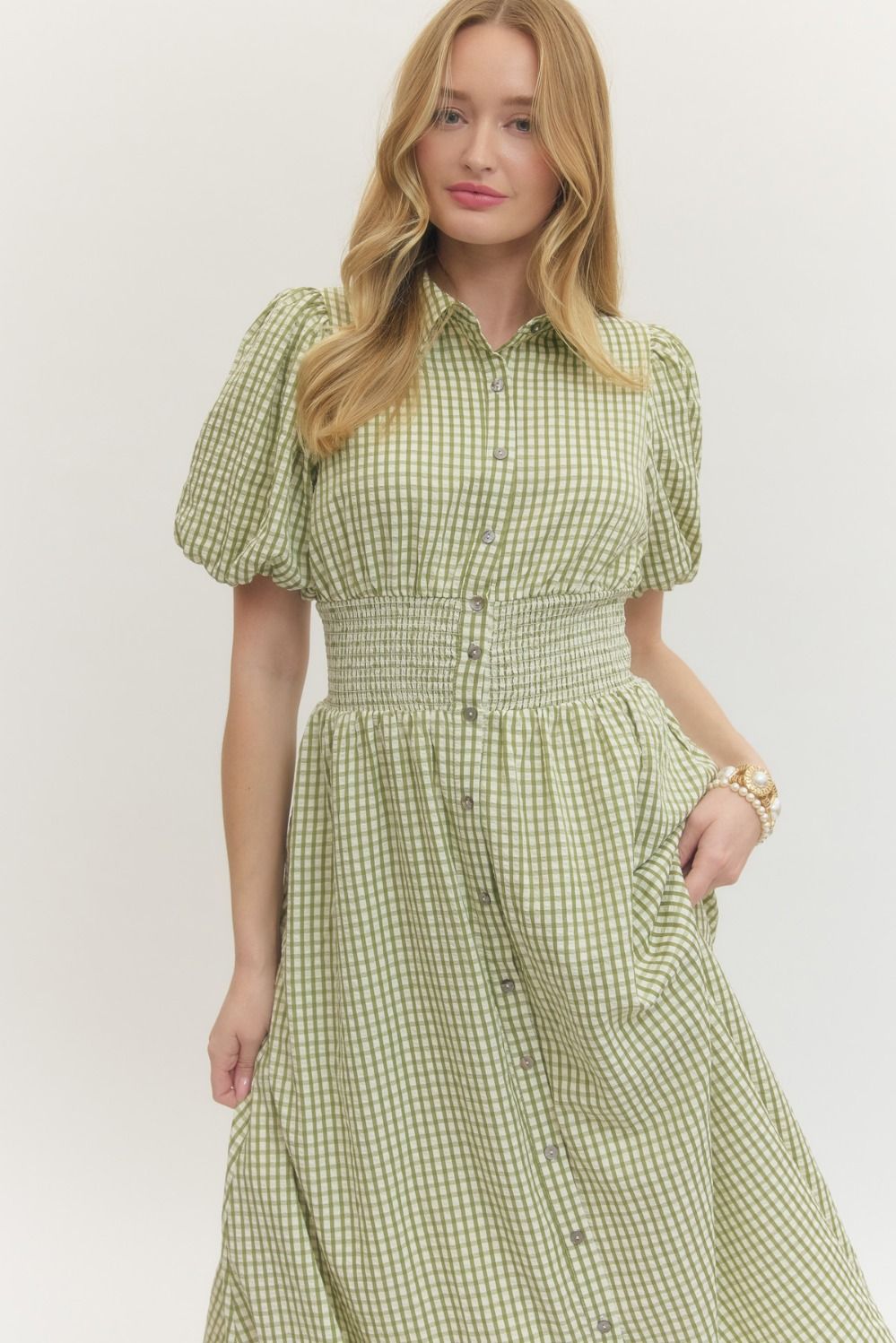 Gingham Puff Sleeve Midi Dress