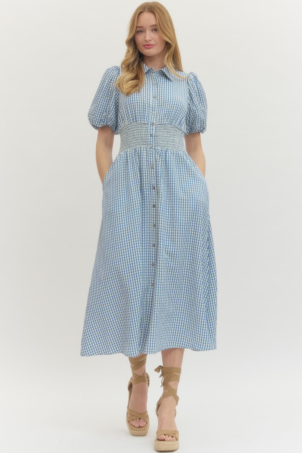 Gingham Puff Sleeve Midi Dress